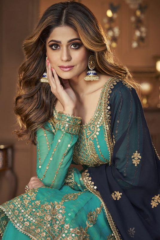 Eid Special Function Wear Georgette Fabric Embroidred Sharara Top Lehenga Featuring Shamita Shetty In Cyan Color