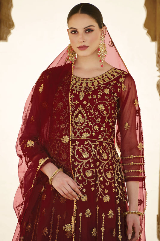 Maroon Color Fascinating Net Fabric Wedding Wear Anarkali Suit