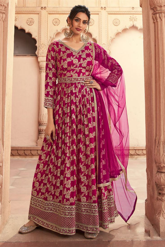 Rani Color Art Silk Fabric Adorming Function Style Anarkali Suit