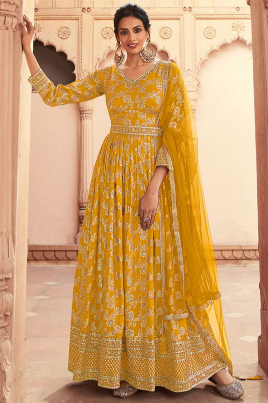 Art Silk Fabric Yellow Color Function Style Winsome Anarkali Suit