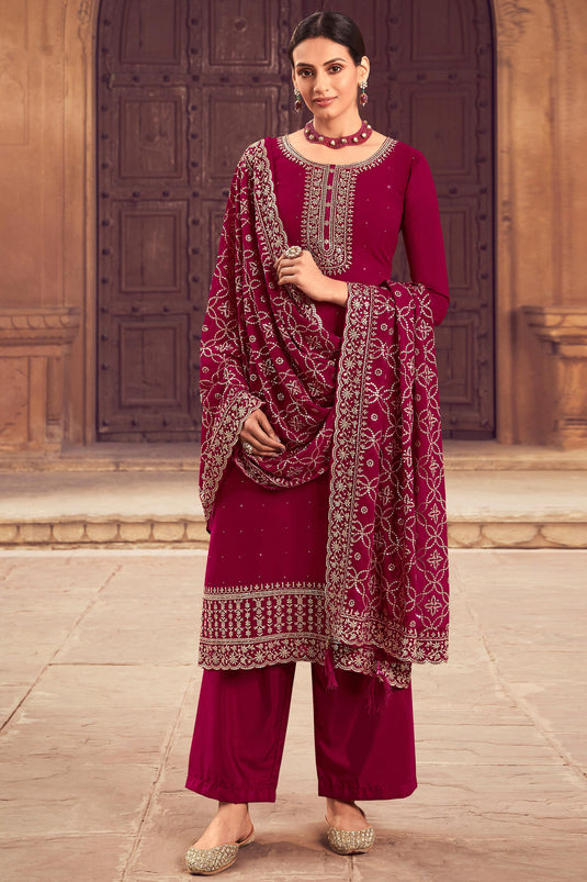 Georgette Fabric Fancy Embroidered Function Wear Palazzo Salwar Kameez In Magenta Color