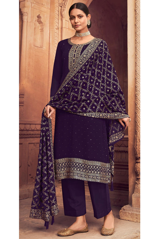 Function Wear Purple Color Embroidered Palazzo Suit In Georgette Fabric