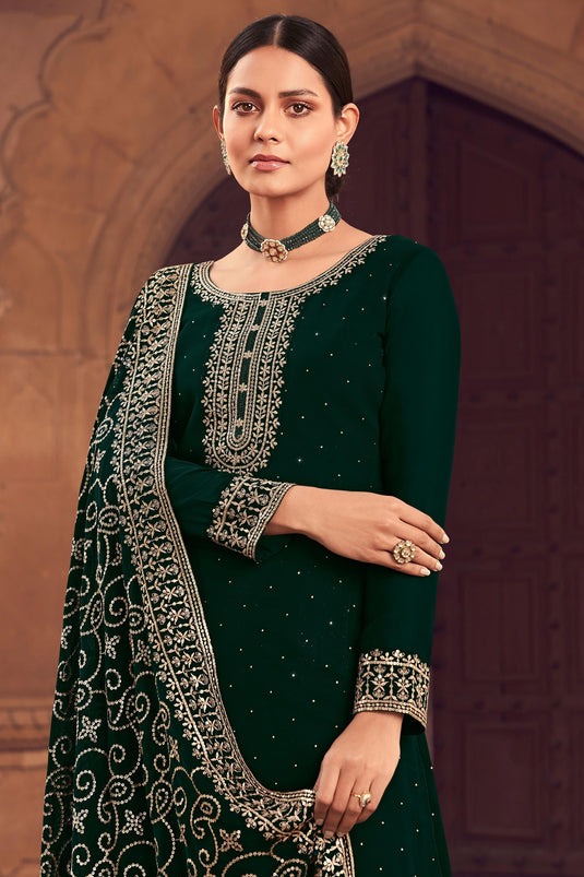 Embroidered Festive Wear Palazzo Salwar Kameez In Georgette Fabric Dark Green Color