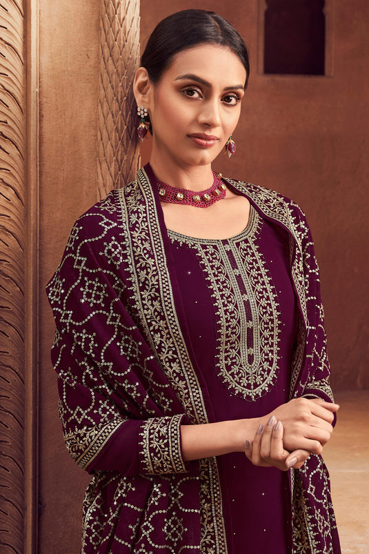 Wine Color Function Wear Embroidered Palazzo Salwar Suit In Georgette Fabric