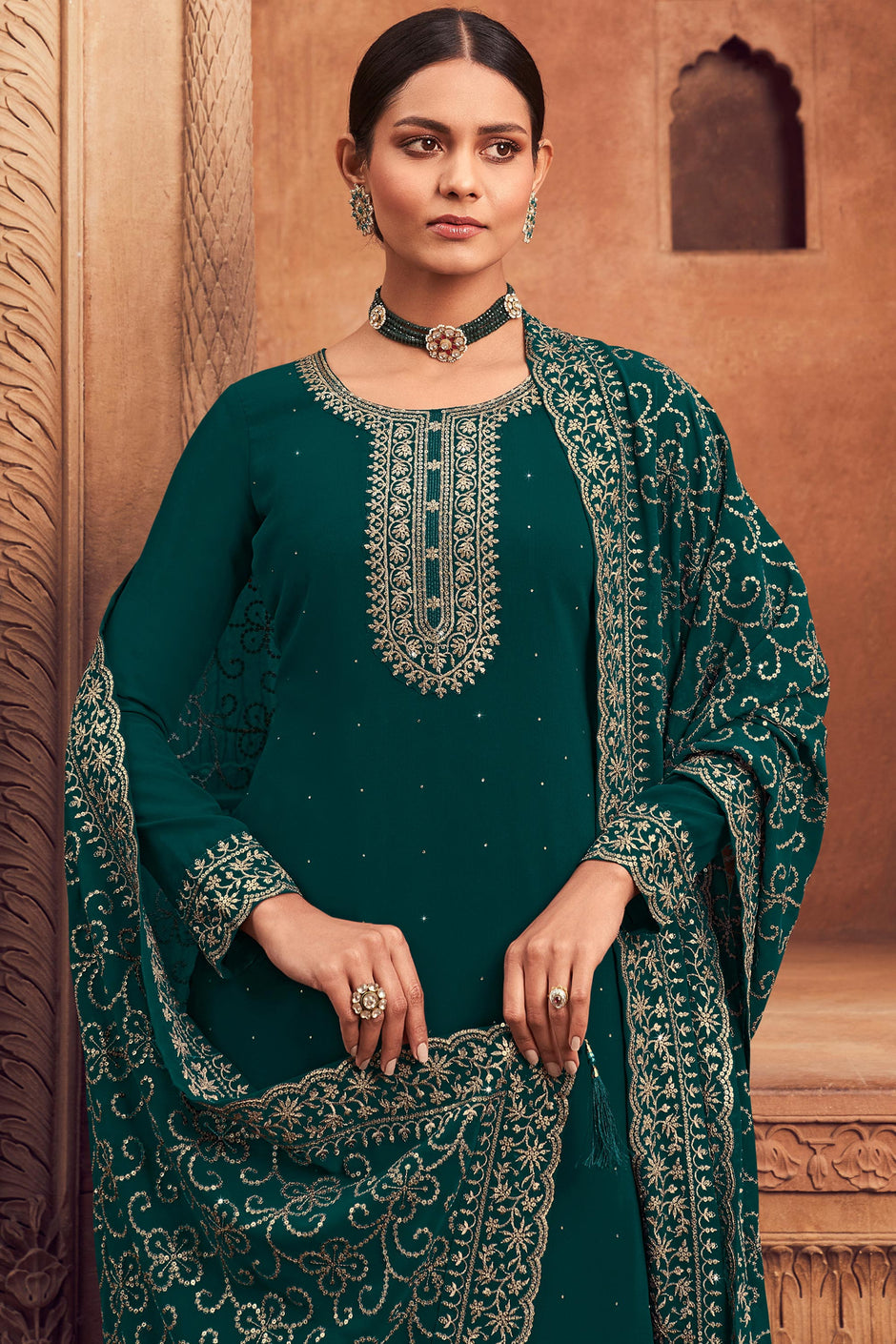 Multi Threads & Sequins Green Festive Palazzo Suit
