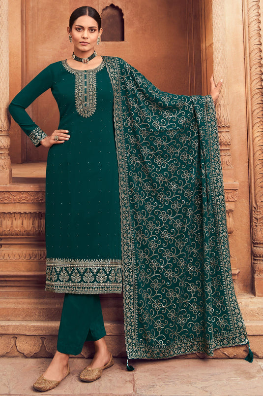 Festive Wear Embroidered Georgette Fabric Palazzo Suit In Teal Color