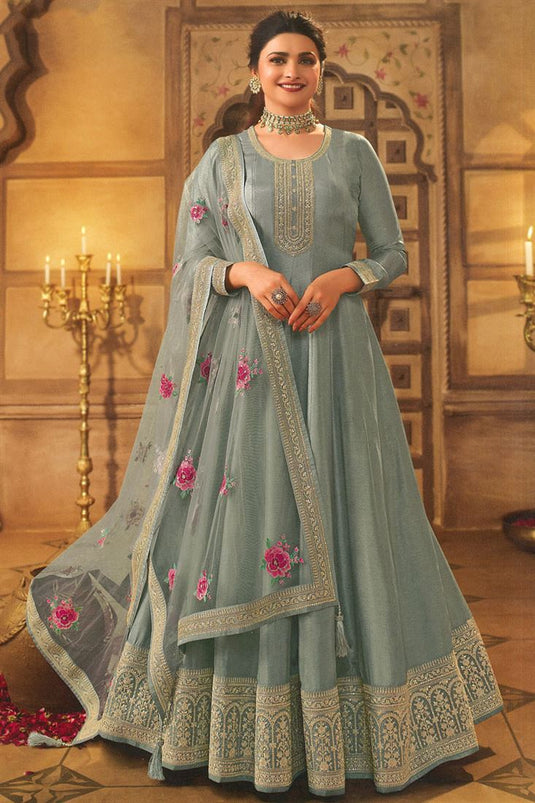 Prachi Desai Art Silk Light Cyan Color Sangeet Wear Imposing Anarkali Suit