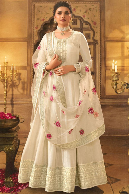 Prachi Desai Beauteous Off White Color Art Silk Sangeet Wear Anarkali Suit