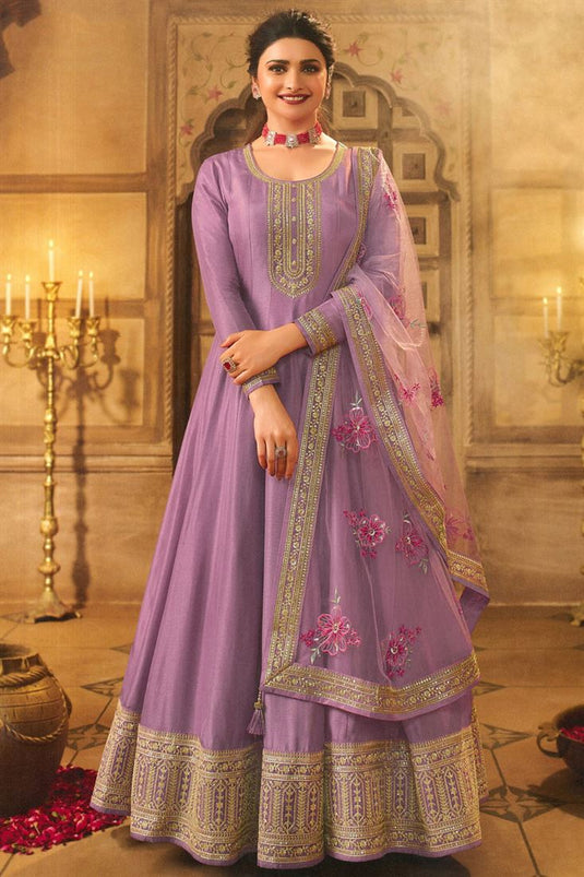 Prachi Desai Art Silk Enthralling Lavender Color Sangeet Wear Anarkali Suit