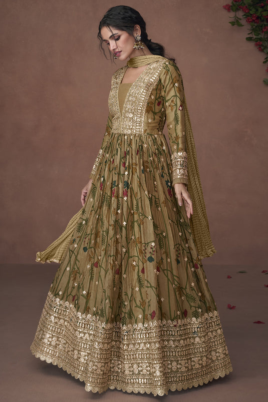Brown Color Organza Silk Fabric Admirable Digital Printed Readymade Anarkali Style Long Gown With Dupatta