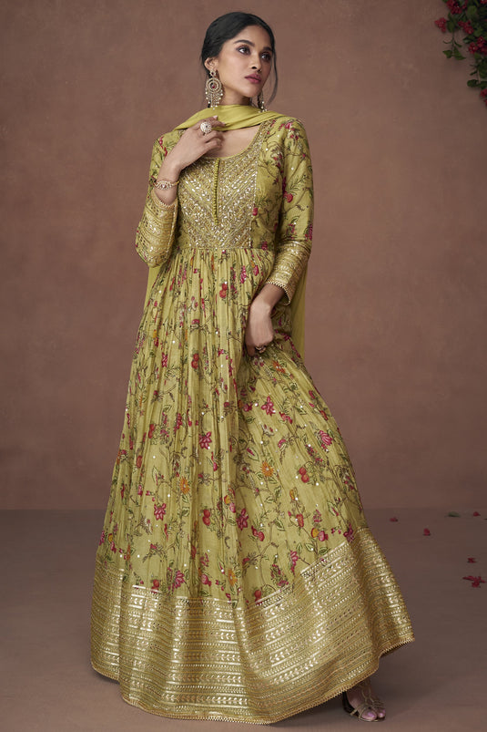 Organza Silk Fabric Green Color Party Wear Solid Digital Printed Readymade Anarkali Style Long Gown With Dupatta