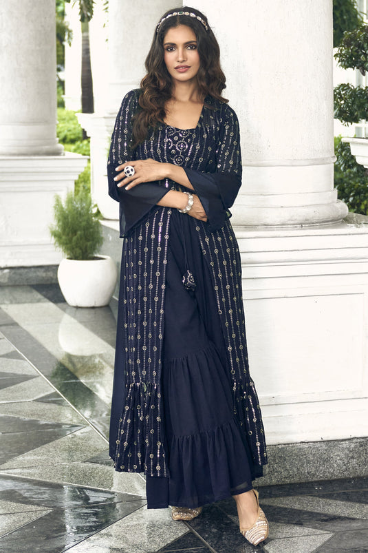 Navy Blue Color Georgette Fabric Fancy Embroidered Function Wear Readymade Designer Sharara Style Palazzo Suit