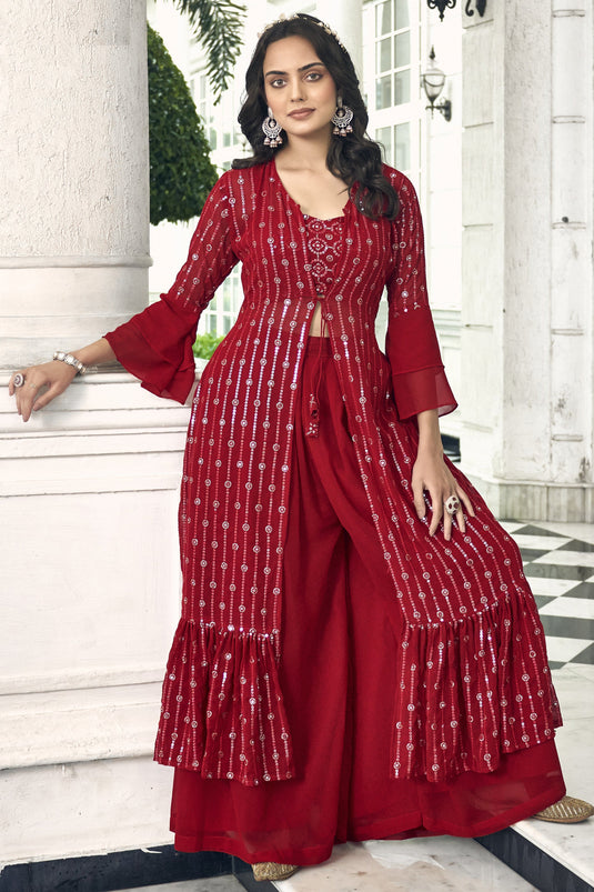 Georgette Fabric Red Color Festive Wear Embroidered Readymade Designer Sharara Style Palazzo Suit