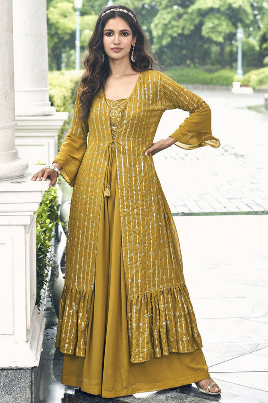 Mustard Color Party Wear Embroidered Readymade Designer Sharara Style Palazzo Suit In Georgette Fabric