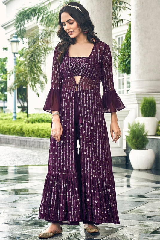 Sangeet Wear Embroidered Readymade Designer Sharara Style Palazzo Suit In Georgette Fabric Purple Color