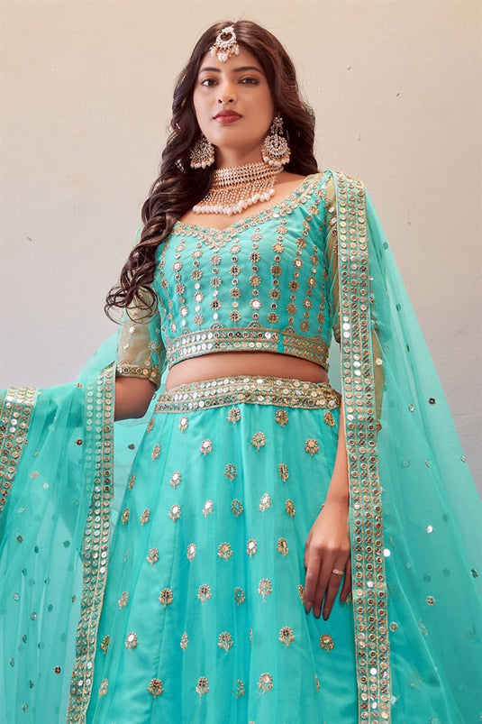 Net Fabric Charismatic Lehenga In Cyan Color In Sequins Work