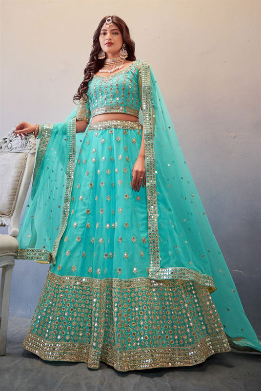 Net Fabric Charismatic Lehenga In Cyan Color In Sequins Work