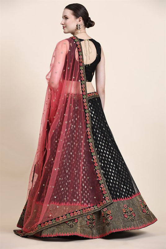 Black Color Net Fabric Awesome Embroidered Work Lehenga