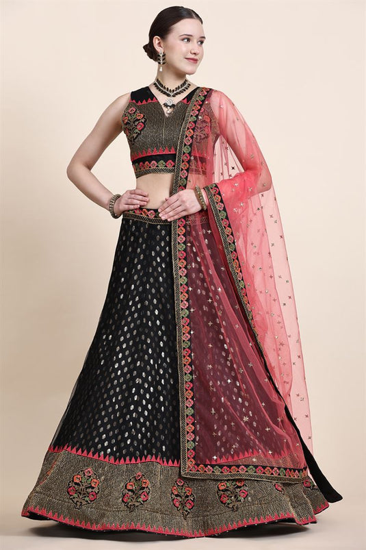 Black Color Net Fabric Awesome Embroidered Work Lehenga