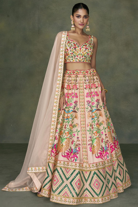 Peach Color Silk Fabric Embroidered Readymade 3 Piece Lehenga Choli