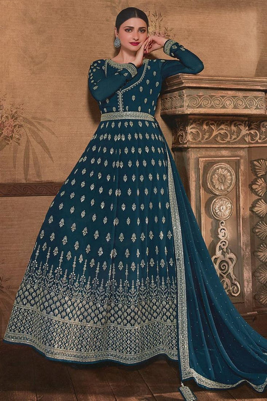 Prachi Desai Georgette Fabric Teal Color Remarkable Anarkali Suit