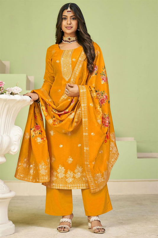 Yellow Color Exquisite Festive Wear Palazzo Suit In Fancy Fabric