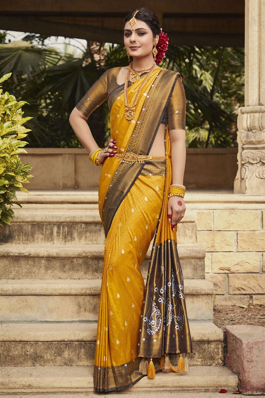 Gorgeous Mustard Color Kanjivaram Silk Saree with Weaving Work