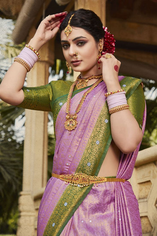 Stunning Kanjivaram Silk Lavender Color Saree with Weaving Work