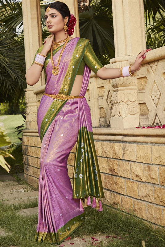 Stunning Kanjivaram Silk Lavender Color Saree with Weaving Work
