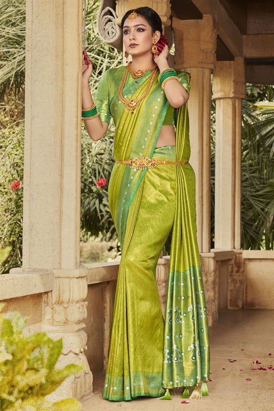 Exquisite Kanjivaram Silk Green Color Saree with Weaving Work
