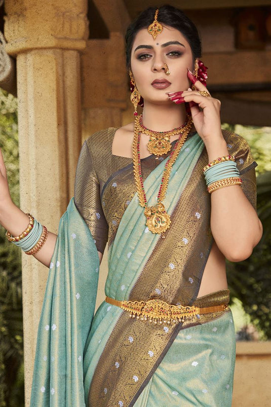 Light Cyan Color Enchanting Kanjivaram Silk Saree with Weaving Work