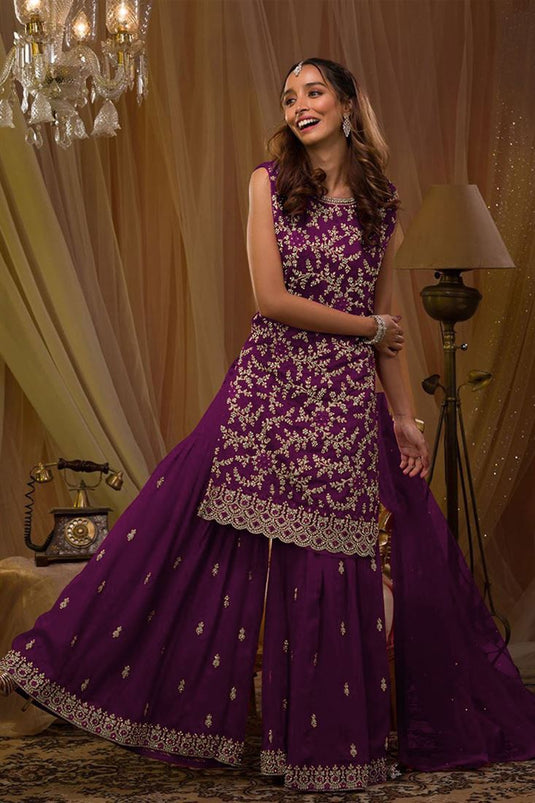 Dazzling Georgette Fabric Purple Color Function Wear Sharara Suit