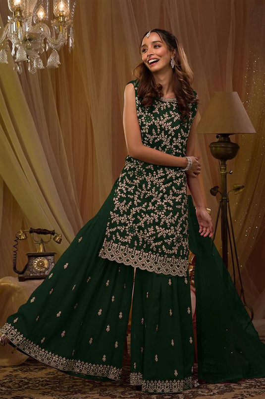 Radiant Dark Green Color Georgette Fabric Function Wear Sharara Suit