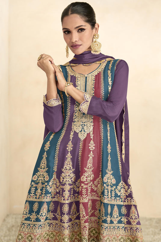 Purple Color Embroidered Readymade Pakistani Palazzo Suit In Chinon Fabric