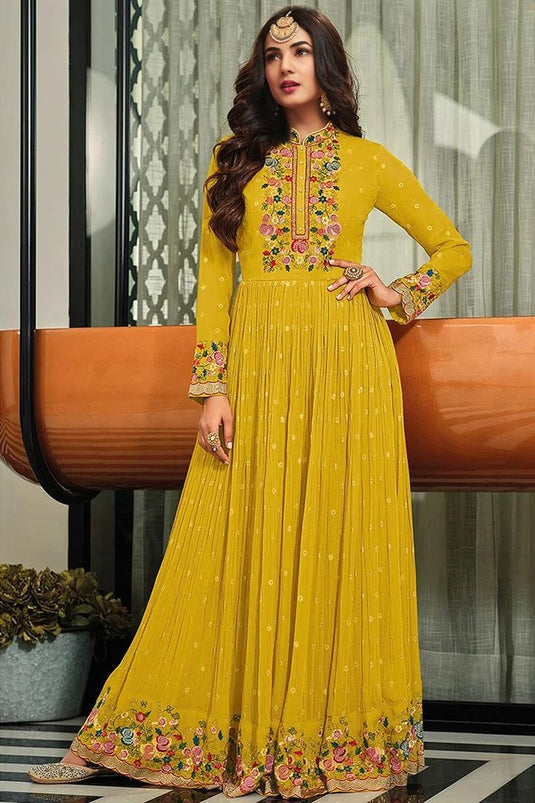 Sonal Chauhan Mustard Color Georgette Fabric Charming Anarkali Suit