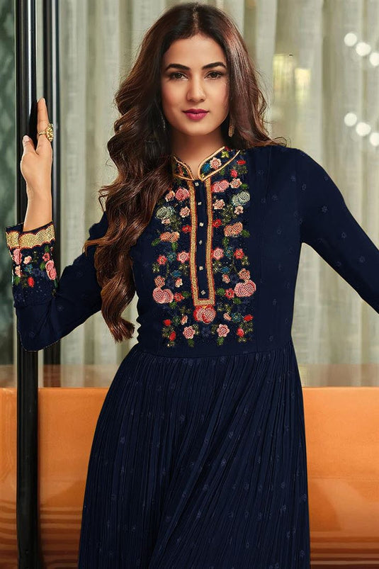 Sonal Chauhan Navy Blue Color Georgette Fabric Elegant Anarkali Suit