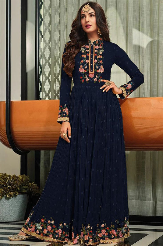 Sonal Chauhan Navy Blue Color Georgette Fabric Elegant Anarkali Suit