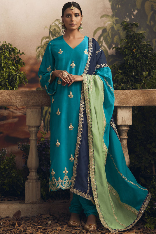 Festive Wear Cyan Color Inventive Salwar Suit In Art Silk Fabric