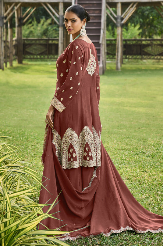 Brown Color Chinon Fabric Glamorous Readymade Palazzo Suit