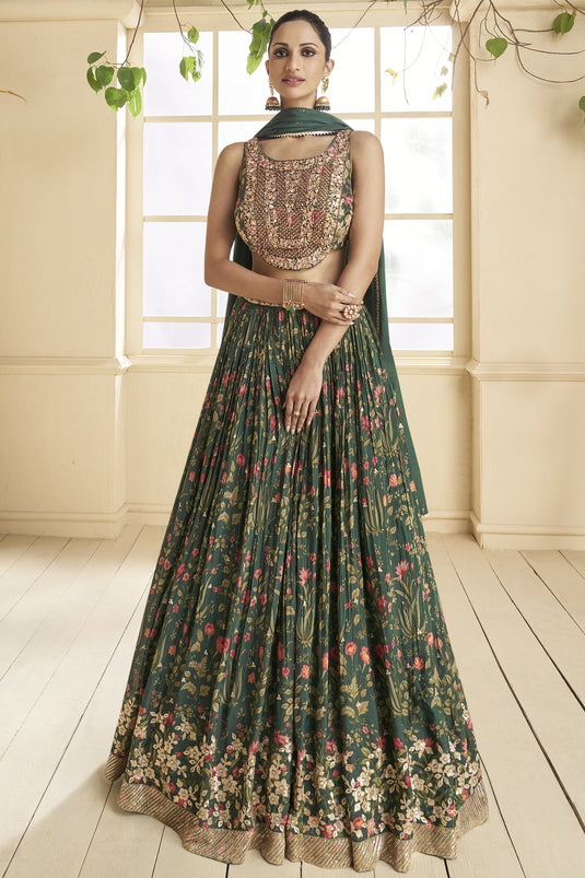 Dark Green Georgette Reception Wear 3 Piece Readymade Lehenga With Printed And Embellished Blouse