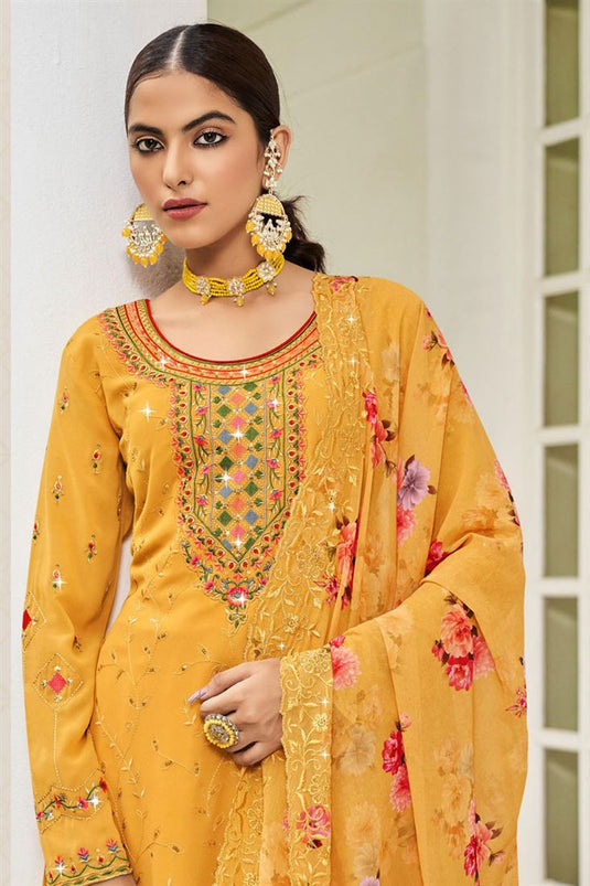 Dazzling Embroidered Mustard Color Palazzo Suit In Georgette Fabric