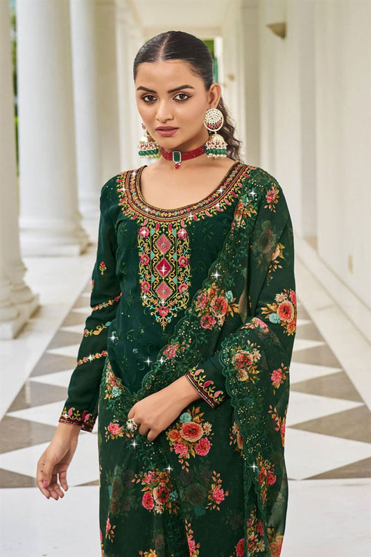 Entrancing Georgette Fabric Embroidered Palazzo Suit In Dark Green Color