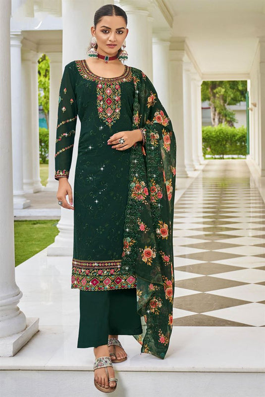 Entrancing Georgette Fabric Embroidered Palazzo Suit In Dark Green Color