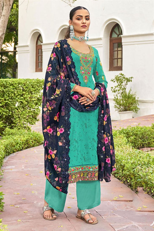 Radiant Embroidered Green Color Georgette Fabric Palazzo Suit