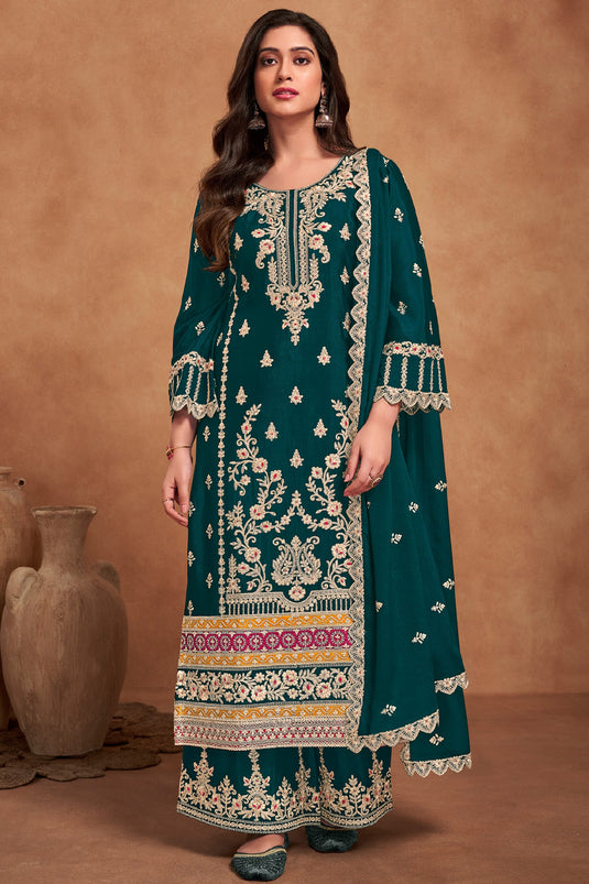Embellished Teal Color Chinon Fabric Readymade Palazzo Suit