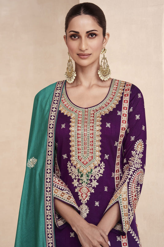 Art Silk Fabric Embroidered Designer Readymade Palazzo Salwar Kameez In Purple Color