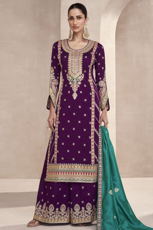 Art Silk Fabric Embroidered Designer Readymade Palazzo Salwar Kameez In Purple Color