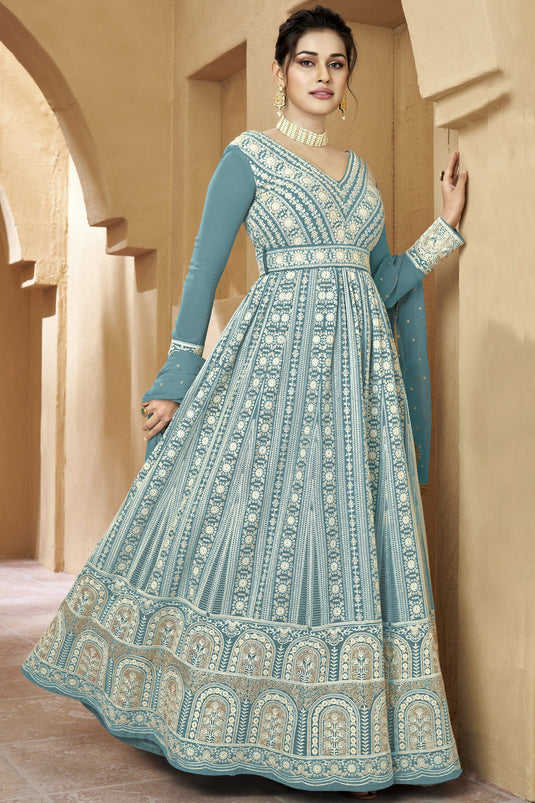 Blue Color Festive Wear Embroidered Anarkali Salwar Kameez In Georgette Fabric