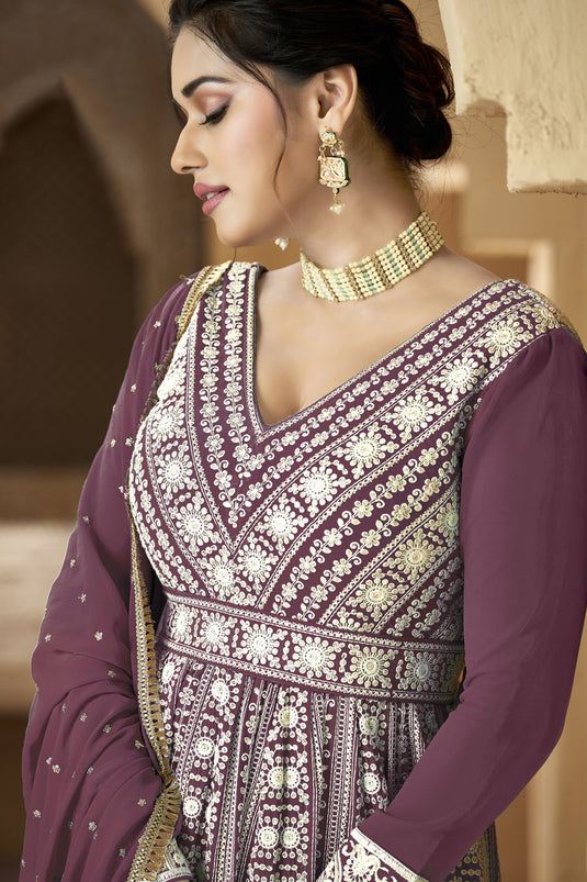 Embroidered Function Wear Anarkali Salwar Kameez In Georgette Fabric Purple Color