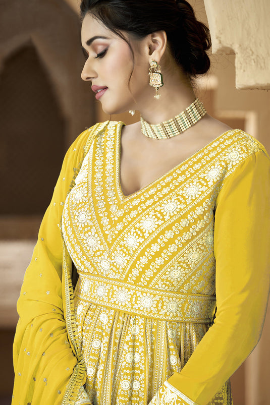 Festive Wear Embroidered Georgette Fabric Anarkali Salwar Kameez In Yellow Color